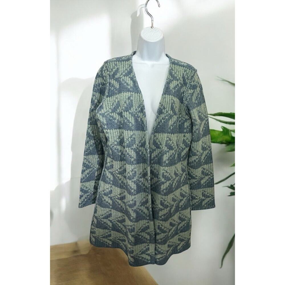 Sundance Open Front Long Cardigan Sweater Sz Medium Blue Print 100% Lambswool